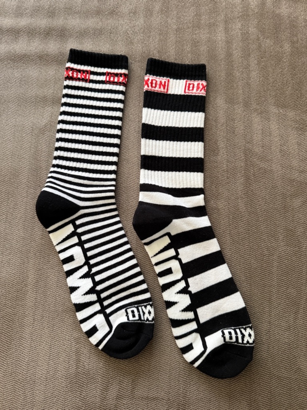 DIXXON Black & White Striped Crew Socks with Red Logo - NEW!